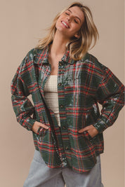 Festive Hour Sequin Plaid Shirt - Green Multi