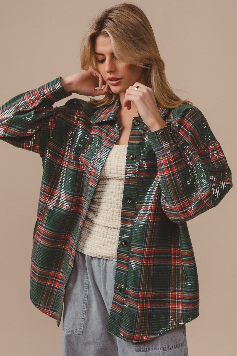 Festive Hour Sequin Plaid Shirt - Green Multi