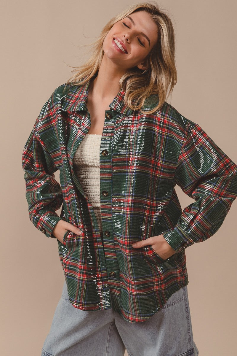 Festive Hour Sequin Plaid Shirt - Green Multi