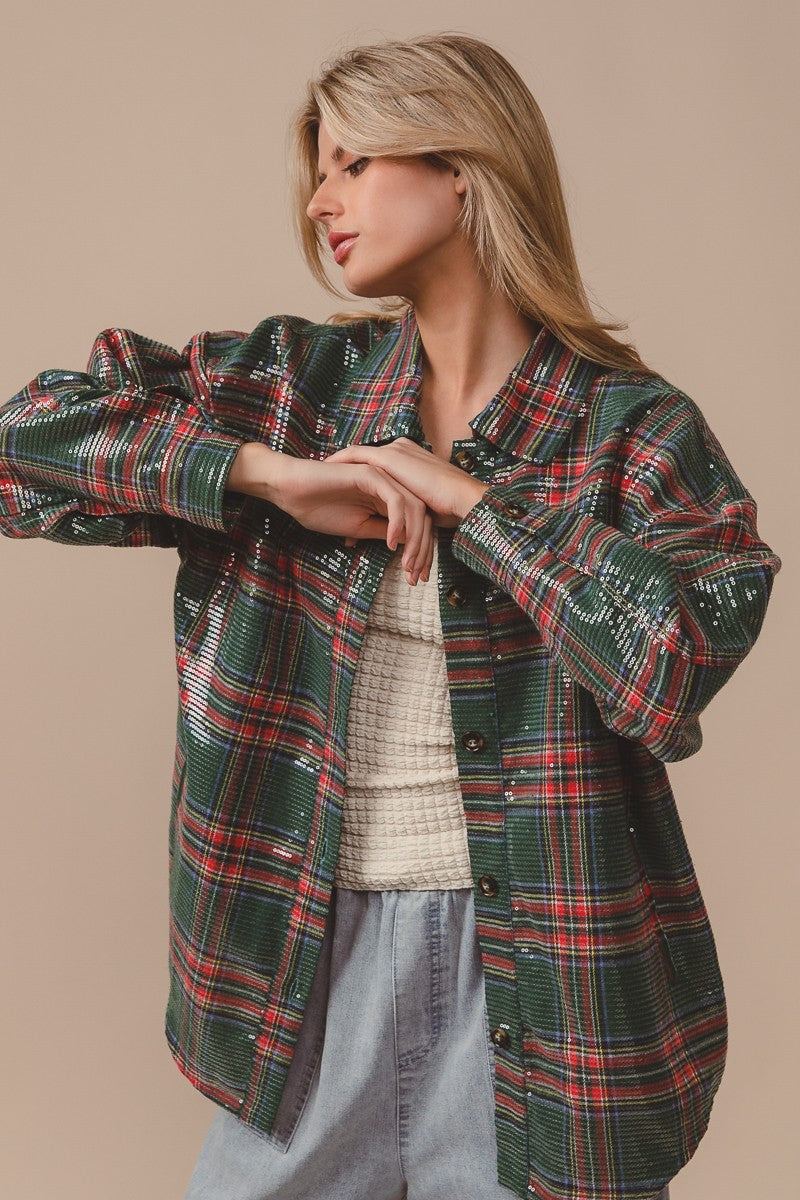 Festive Hour Sequin Plaid Shirt - Green Multi