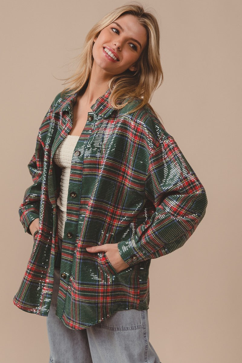 Festive Hour Sequin Plaid Shirt - Green Multi