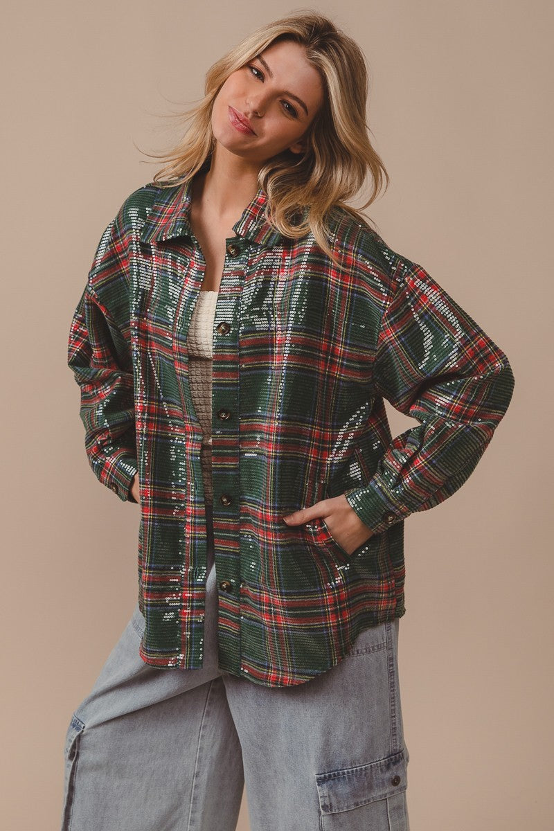 Festive Hour Sequin Plaid Shirt - Green Multi