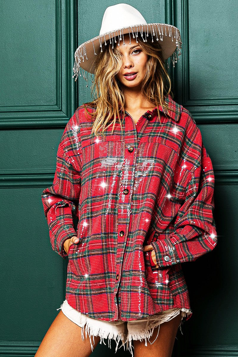 Festive Hour Sequin Plaid Shirt - Red Multi