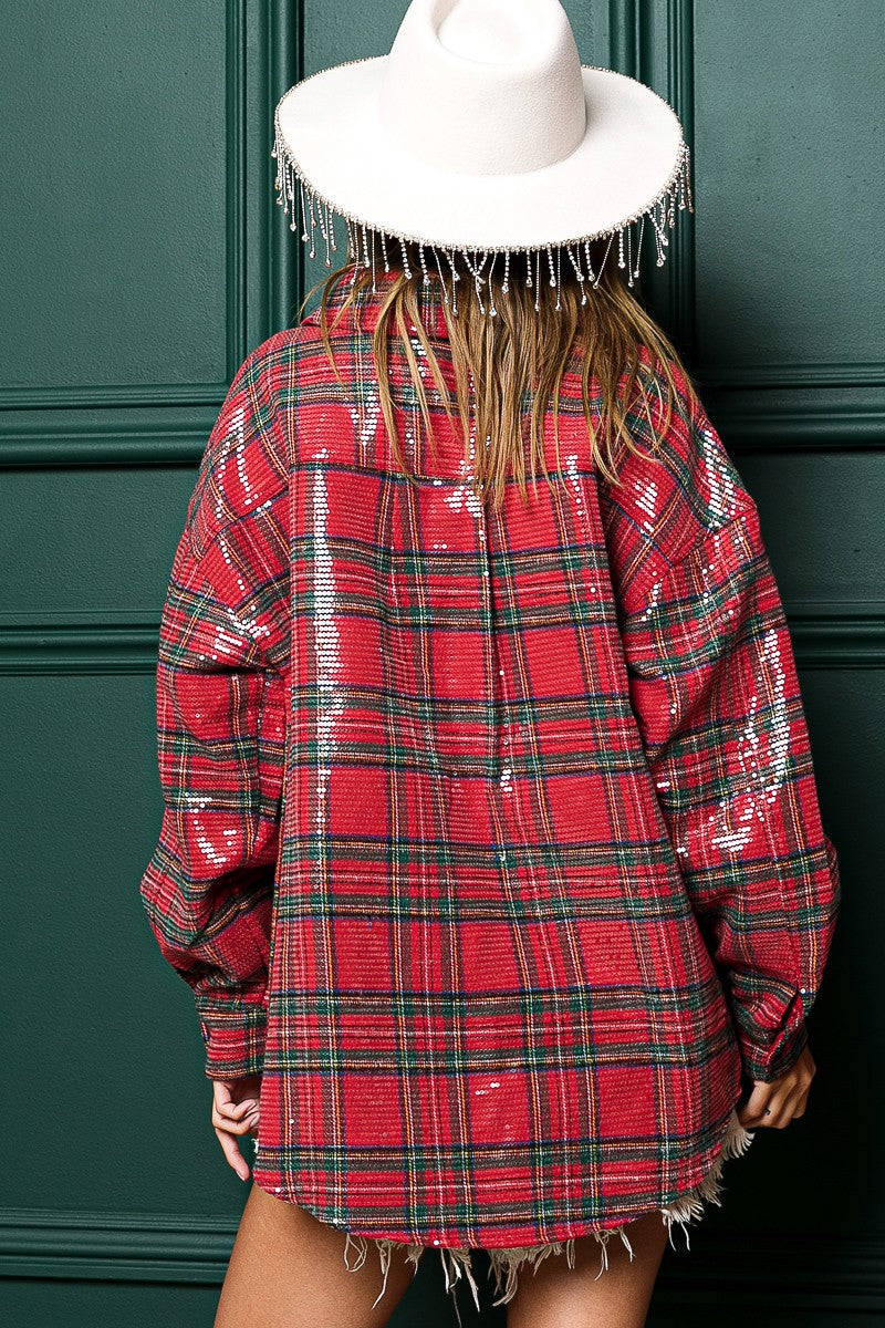 Festive Hour Sequin Plaid Shirt - Red Multi