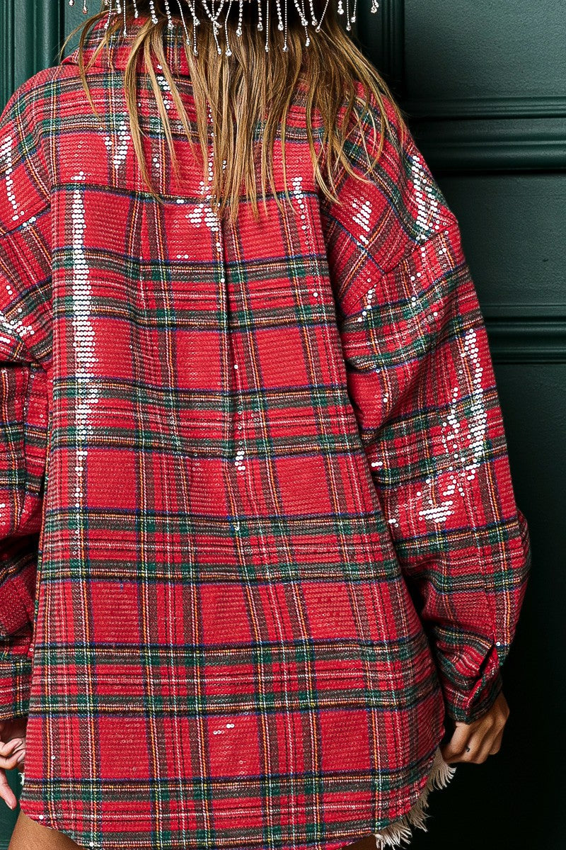 Festive Hour Sequin Plaid Shirt - Red Multi