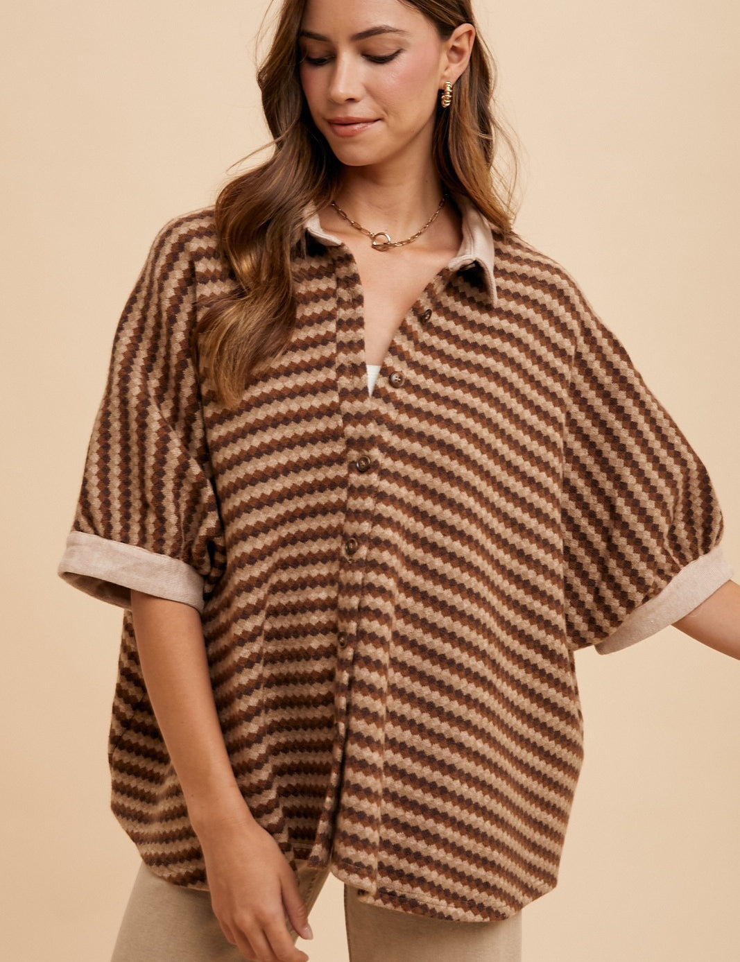 Fine Current Striped Knit Button Top in Brown Multi - product photo 1