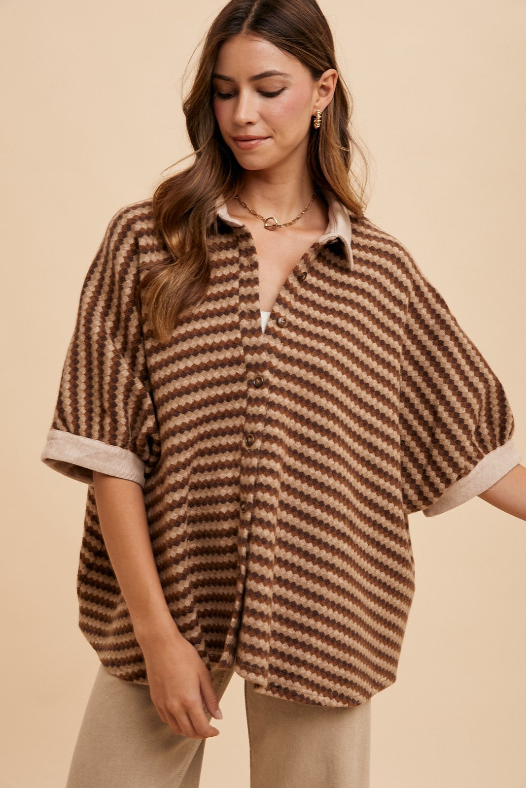 Fine Current Striped Knit Button Top in Brown Multi - product photo 1