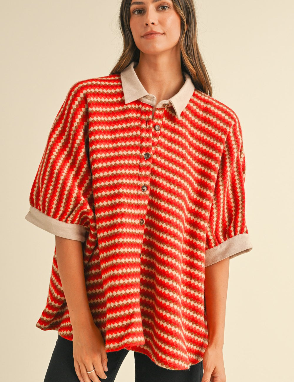 Fine Current Striped Knit Button Top in Red Multi - product photo 1