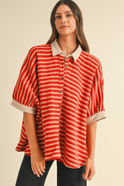 Fine Current Striped Knit Button Top in Red Multi - product photo 1