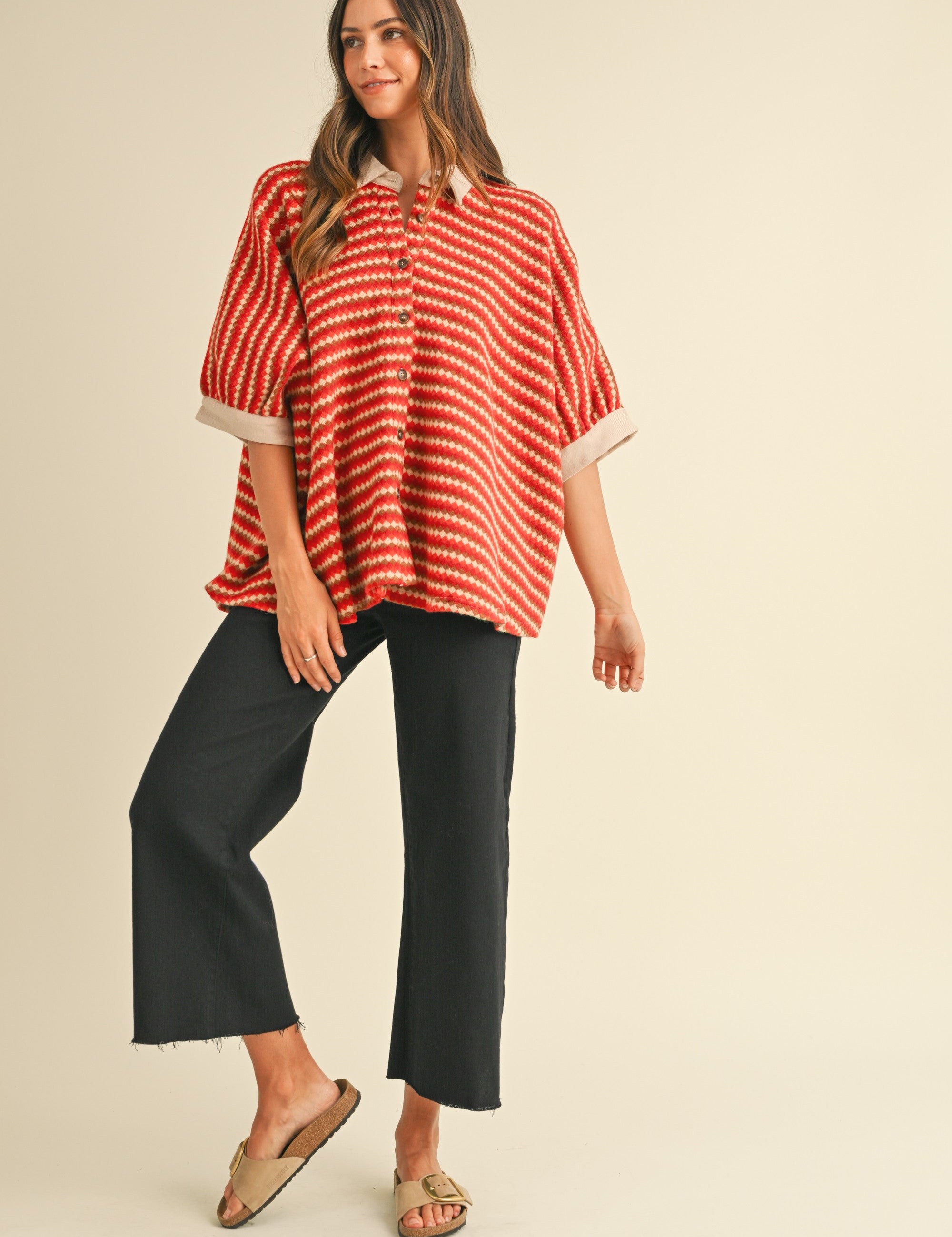 Fine Current Striped Knit Button Top in Red Multi - product photo 2