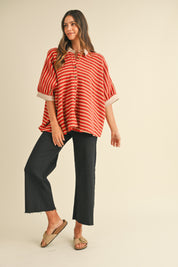 Fine Current Striped Knit Button Top in Red Multi - product photo 2