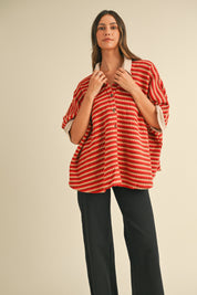 Fine Current Striped Knit Button Top in Red Multi - product photo 3
