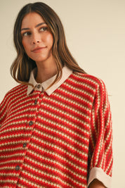 Fine Current Striped Knit Button Top in Red Multi - product photo 4