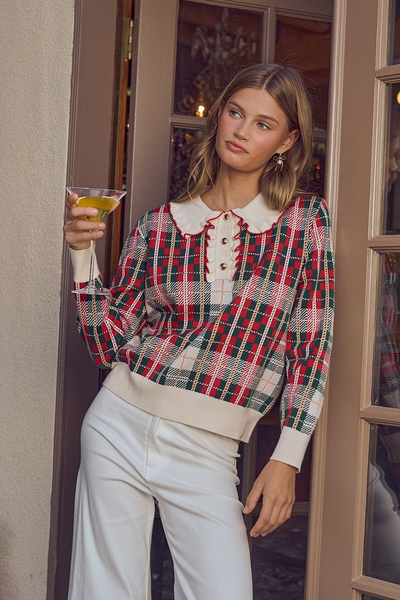 First Noel Plaid Collar Sweater - Red Multi