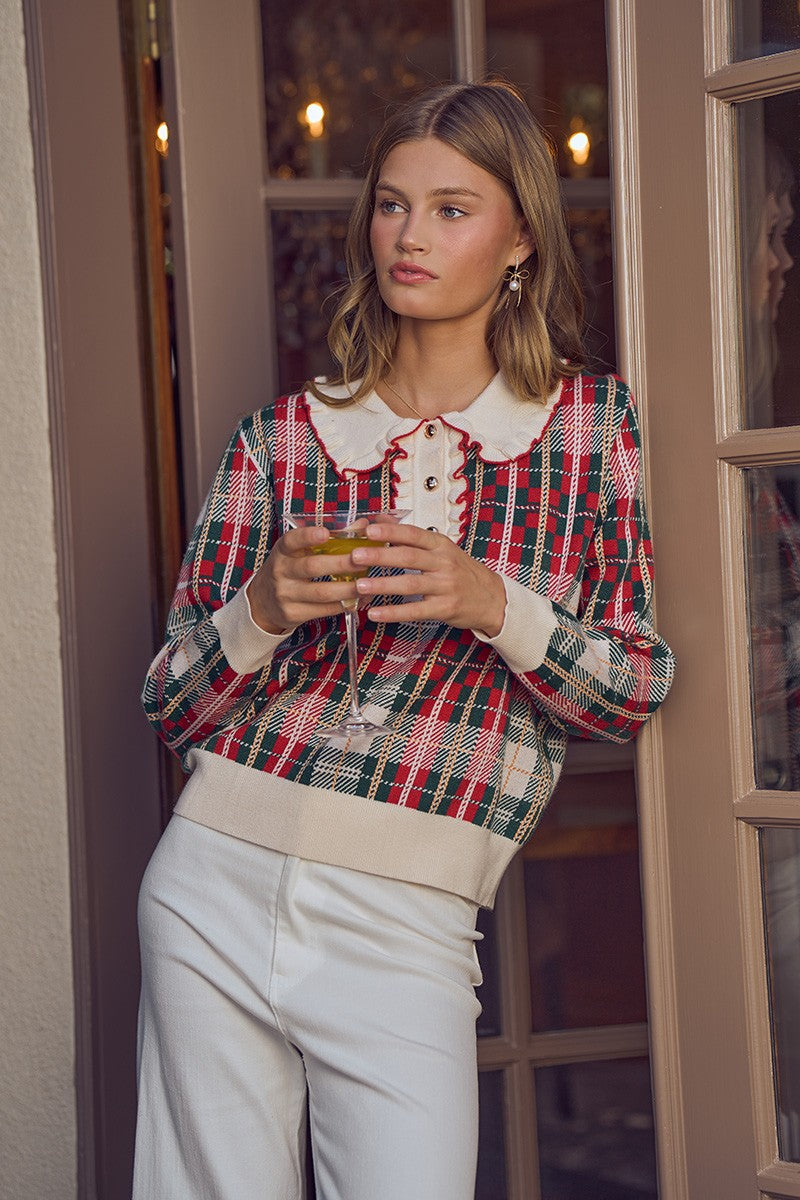 First Noel Plaid Collar Sweater - Red Multi