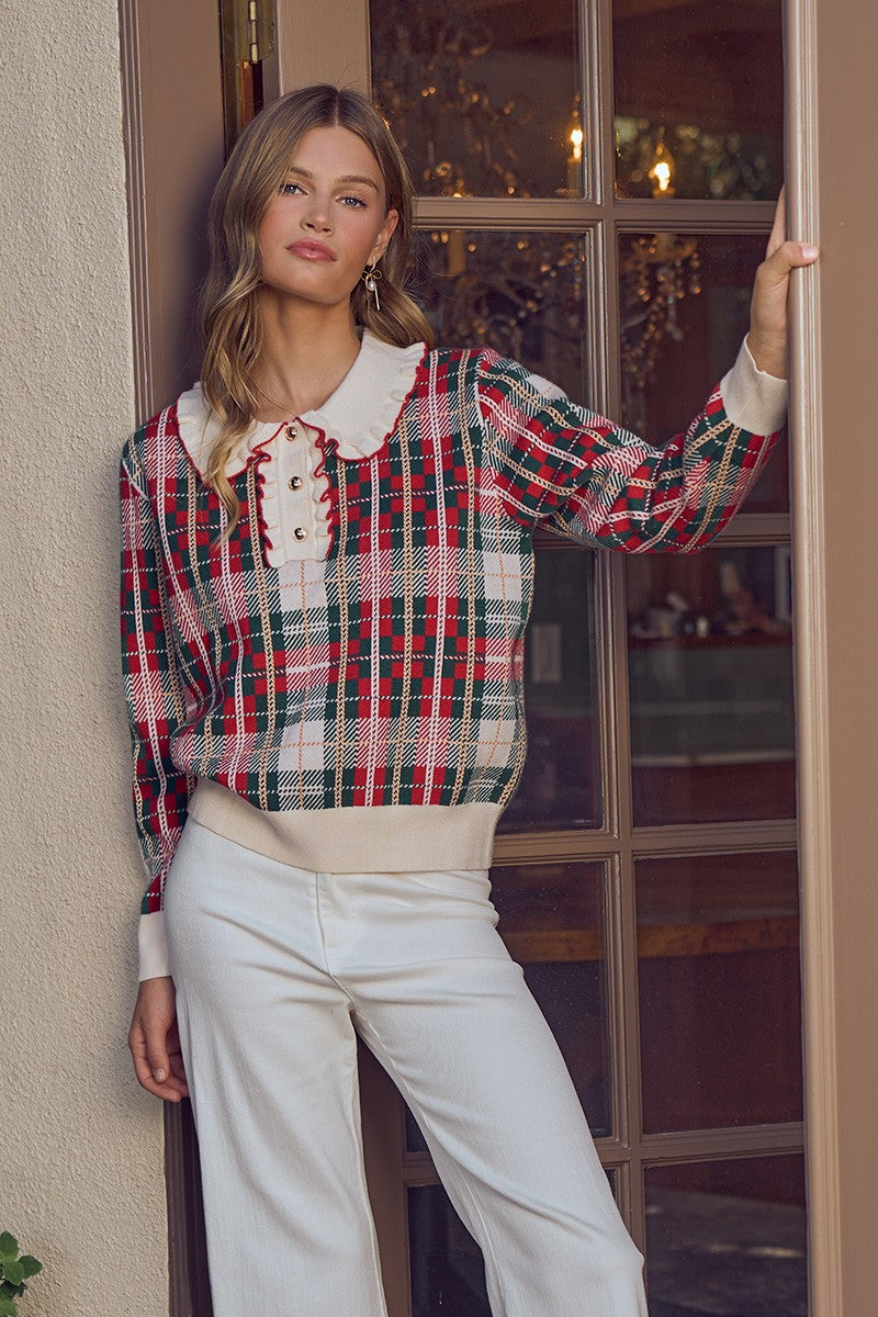 First Noel Plaid Collar Sweater - Red Multi