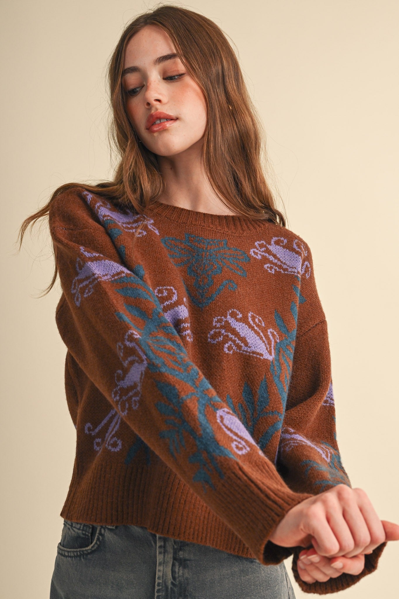 Fleurwell Floral Knit Sweater - Brown Teal