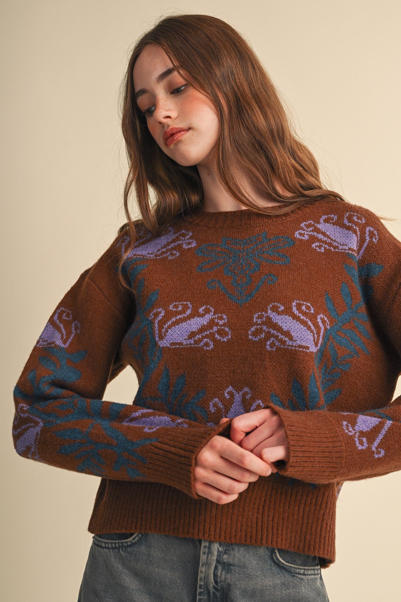 Fleurwell Floral Knit Sweater - Brown Teal