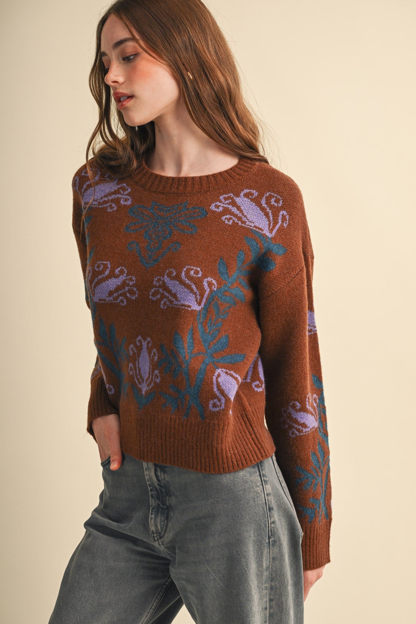 Fleurwell Floral Knit Sweater - Brown Teal