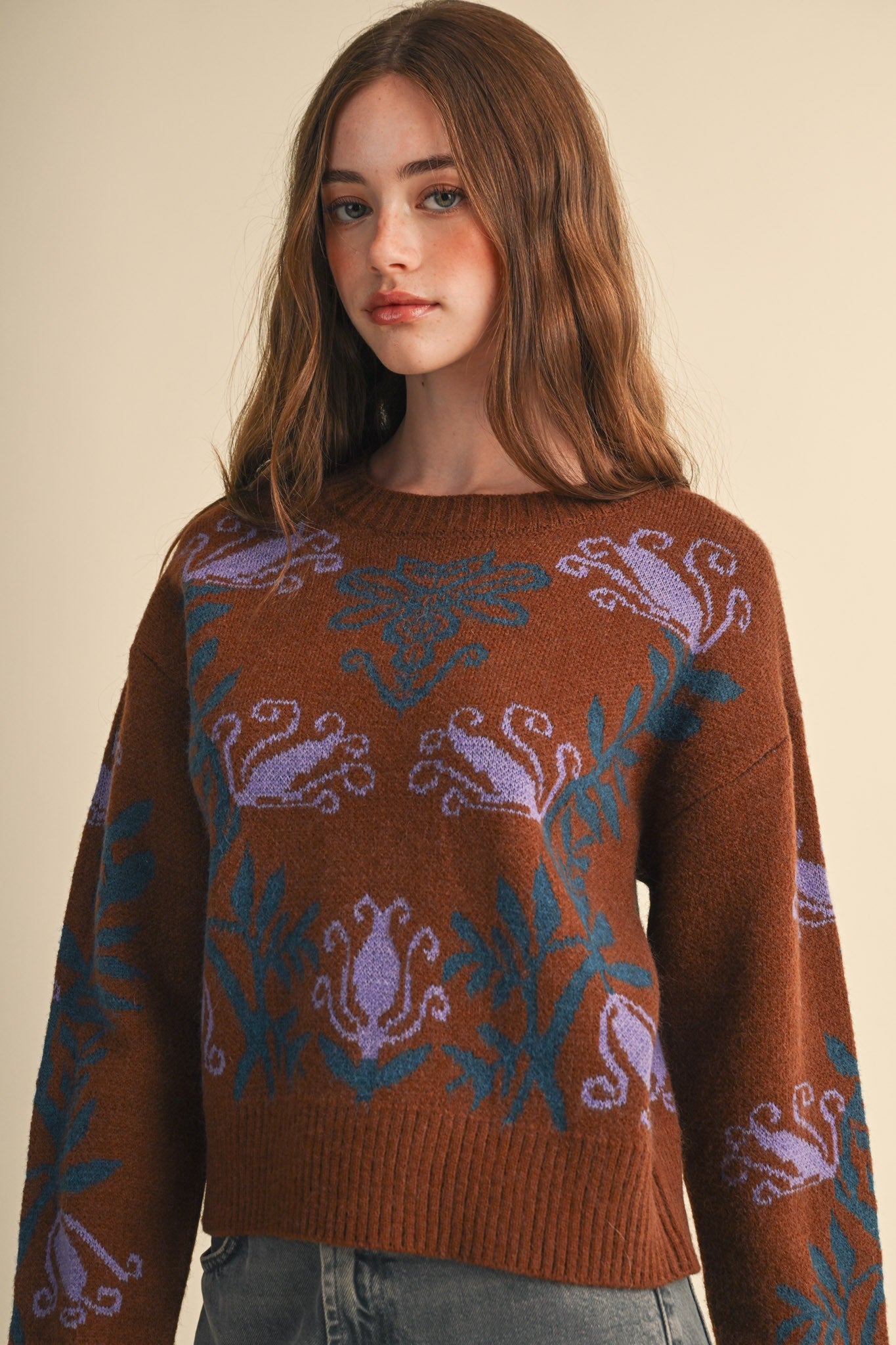 Fleurwell Floral Knit Sweater - Brown Teal