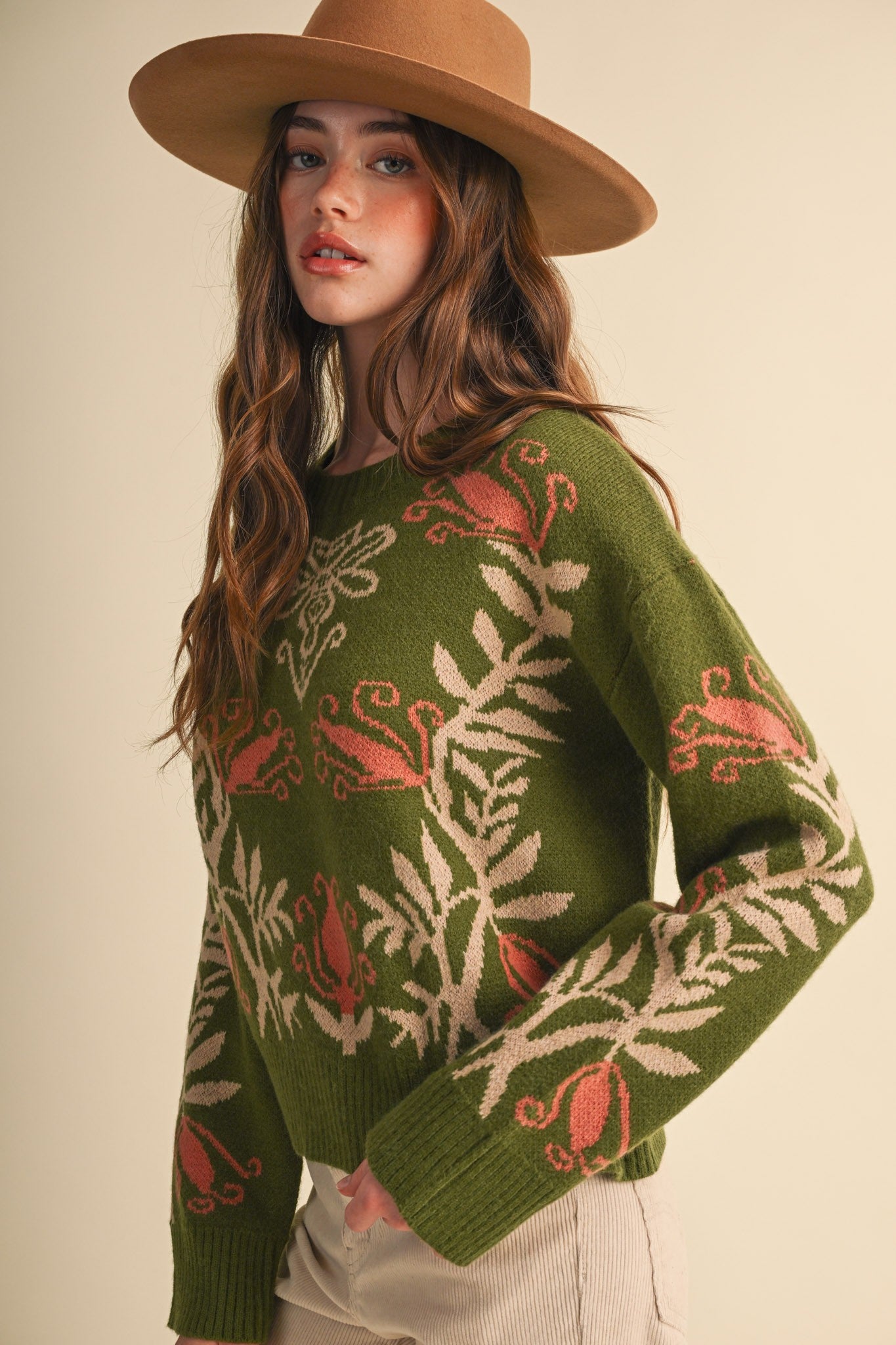 Fleurwell Floral Knit Sweater - Olive Beige