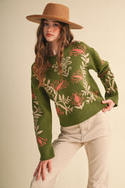 Fleurwell Floral Knit Sweater - Olive Beige