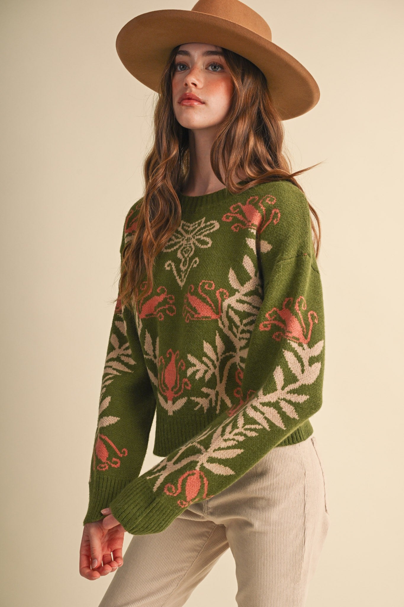 Fleurwell Floral Knit Sweater - Olive Beige