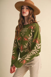 Fleurwell Floral Knit Sweater - Olive Beige