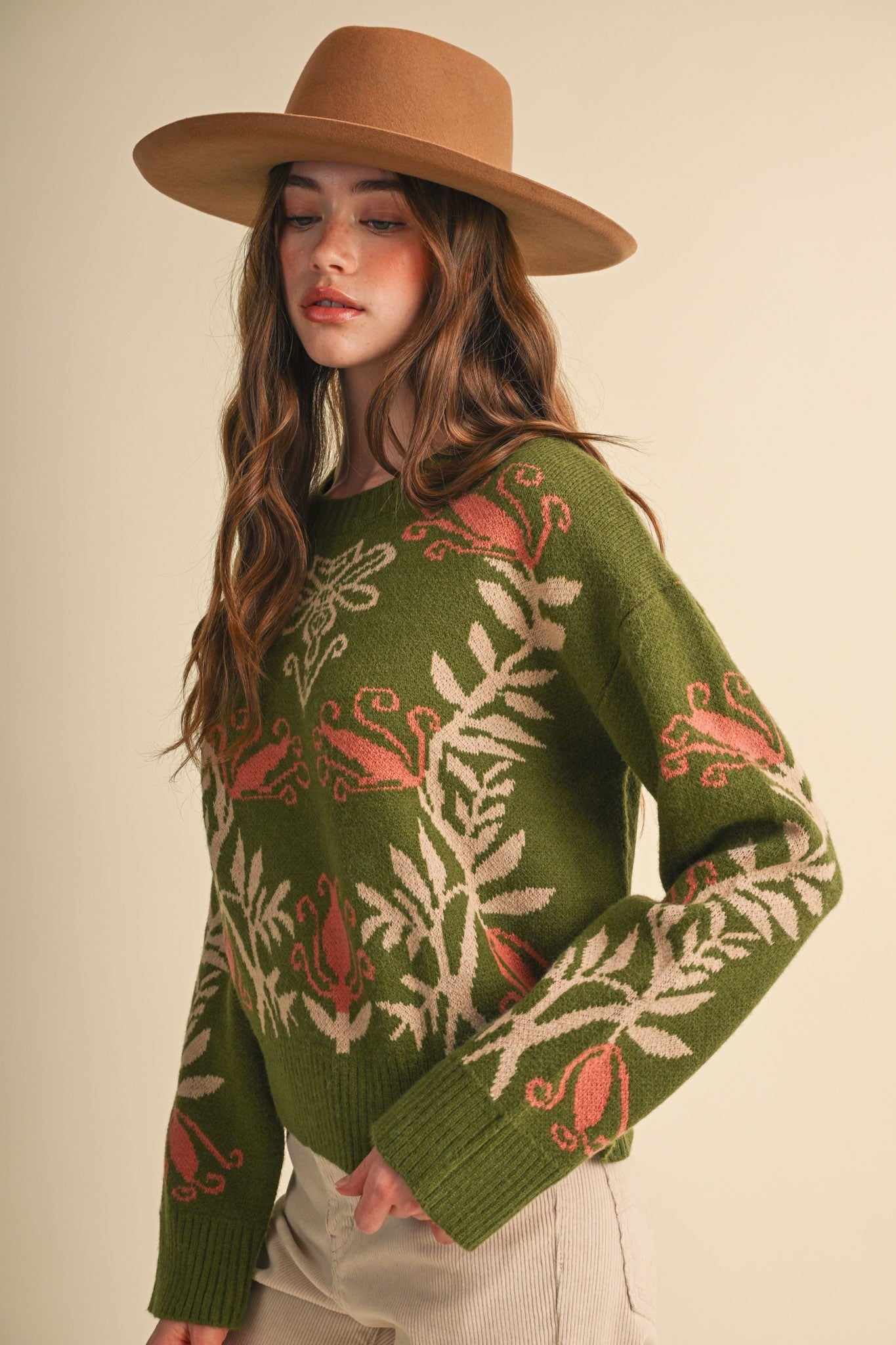 Fleurwell Floral Knit Sweater - Olive Beige