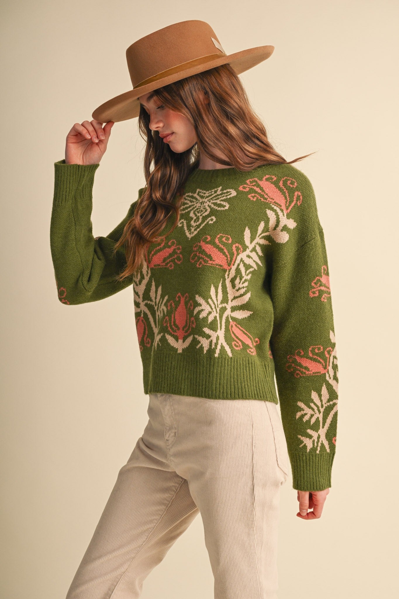 Fleurwell Floral Knit Sweater - Olive Beige