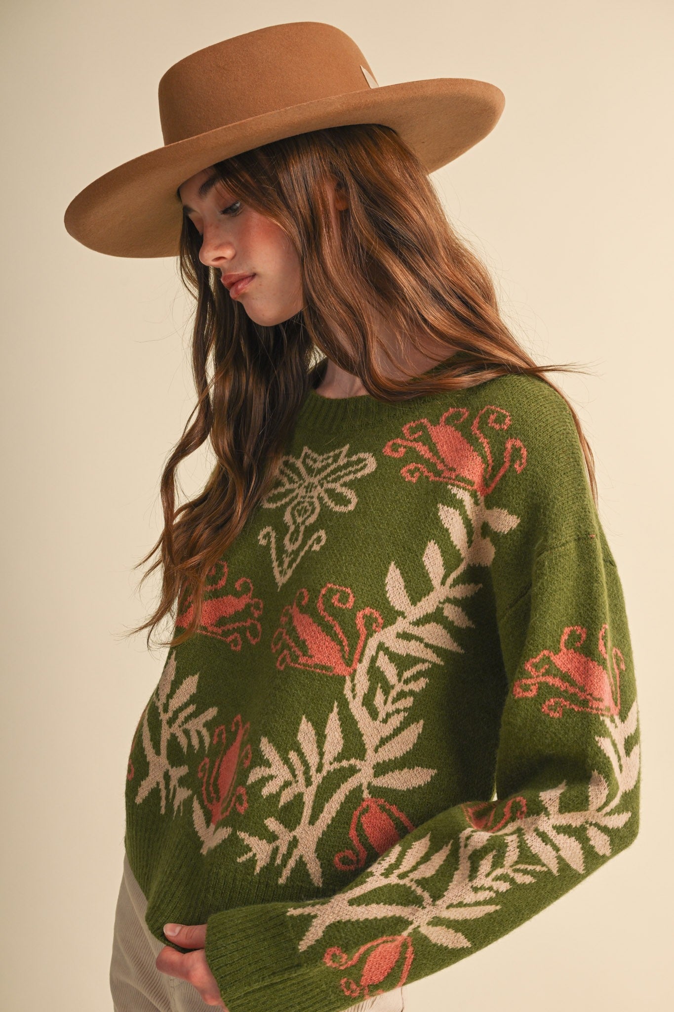 Fleurwell Floral Knit Sweater - Olive Beige