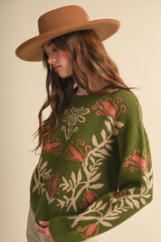 Fleurwell Floral Knit Sweater - Olive Beige