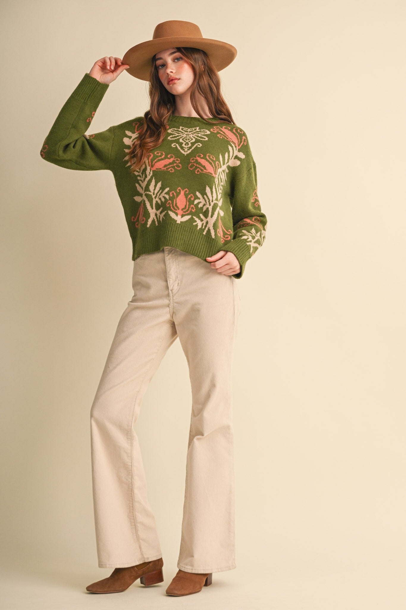 Fleurwell Floral Knit Sweater - Olive Beige