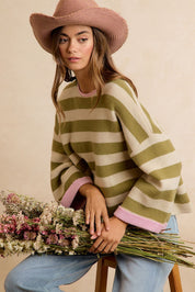 Flip Side Reversible Stripe Sweater - Light Olive Blush