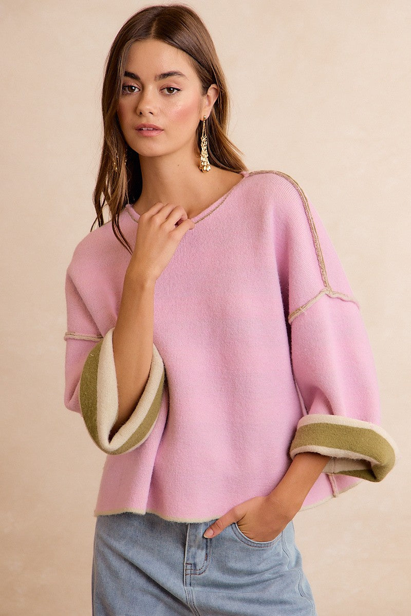 Flip Side Reversible Stripe Sweater - Light Olive Blush