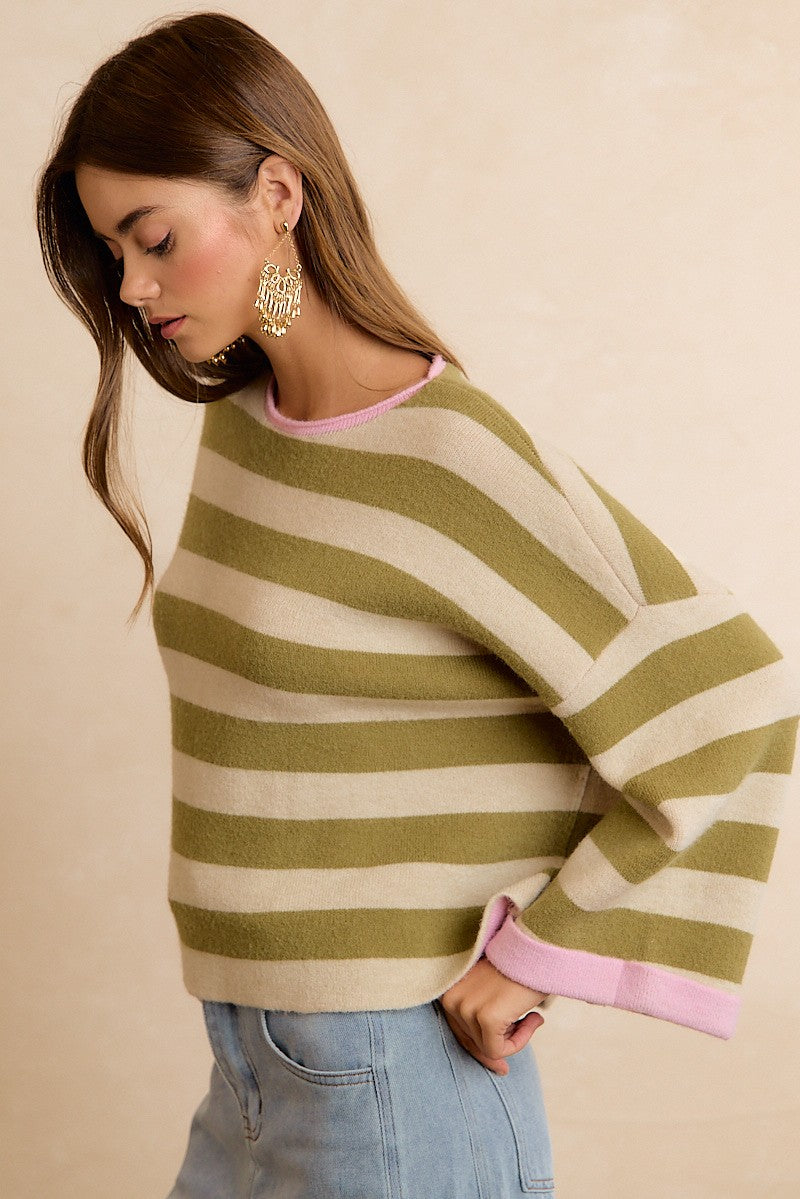 Flip Side Reversible Stripe Sweater - Light Olive Blush