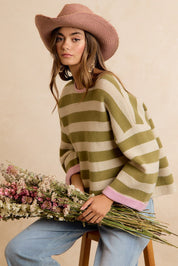 Flip Side Reversible Stripe Sweater - Light Olive Blush