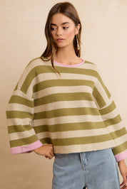 Flip Side Reversible Stripe Sweater - Light Olive Blush
