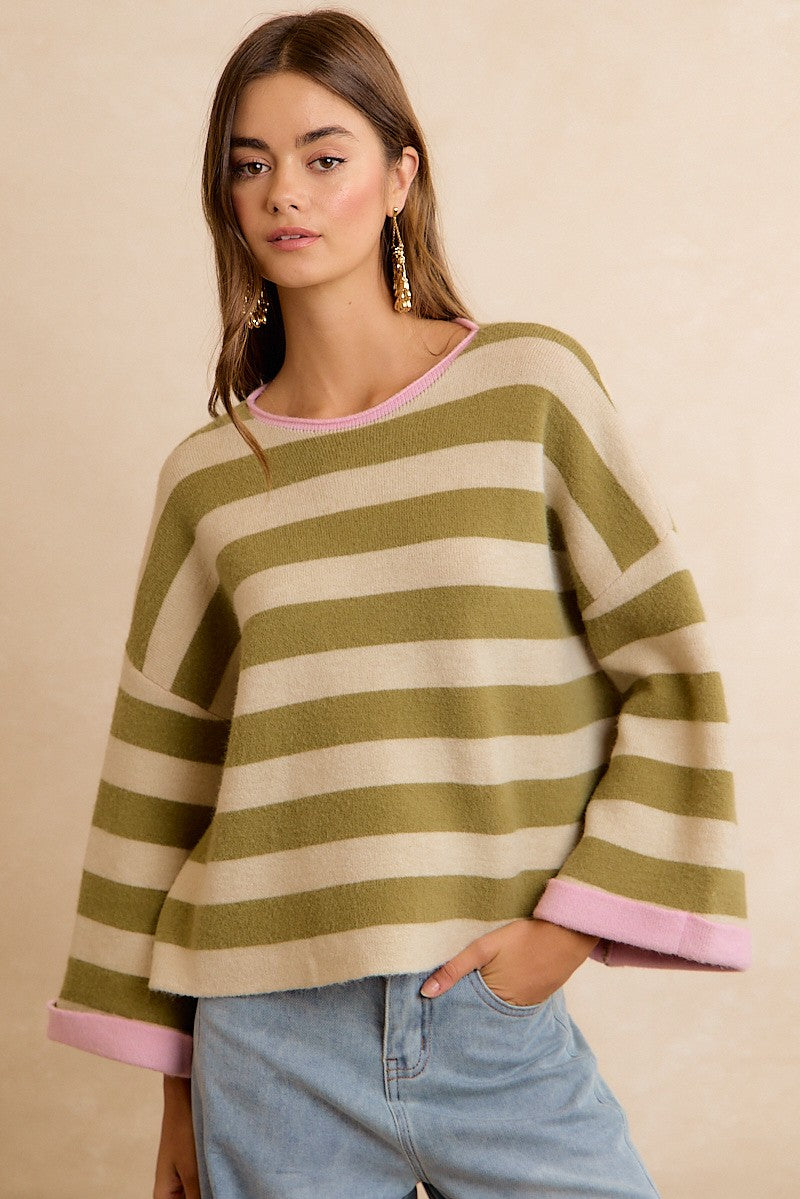 Flip Side Reversible Stripe Sweater - Light Olive Blush