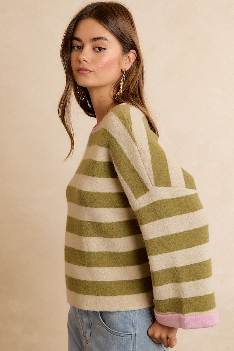 Flip Side Reversible Stripe Sweater - Light Olive Blush