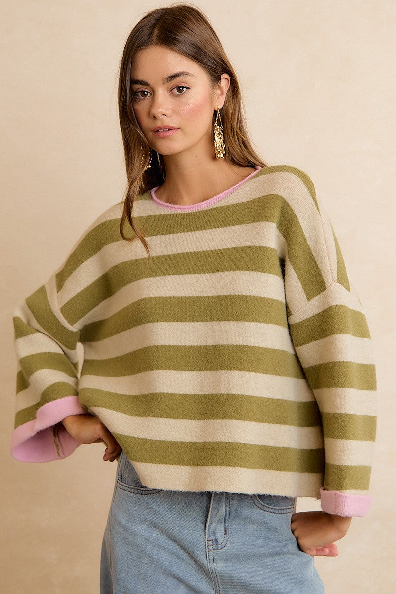 Flip Side Reversible Stripe Sweater - Light Olive Blush