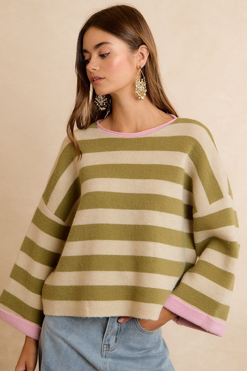 Flip Side Reversible Stripe Sweater - Light Olive Blush