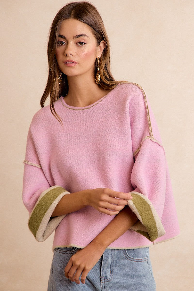 Flip Side Reversible Stripe Sweater - Light Olive Blush