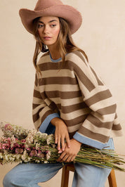 Flip Side Reversible Stripe Sweater - Mocha Blue Grey