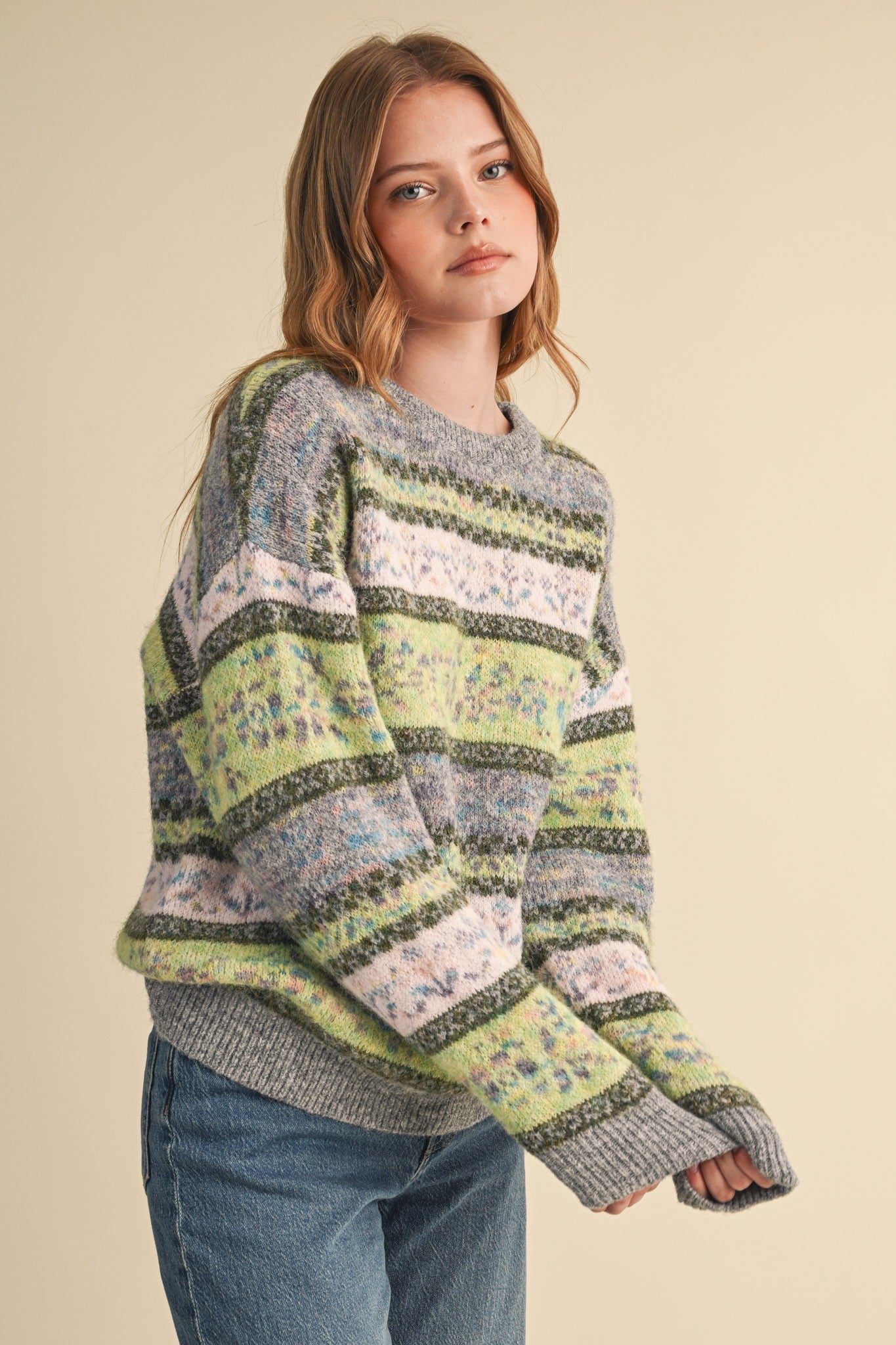 Floral Latitude Fair Isle Sweater in Charcoal Green Multi - product photo 2