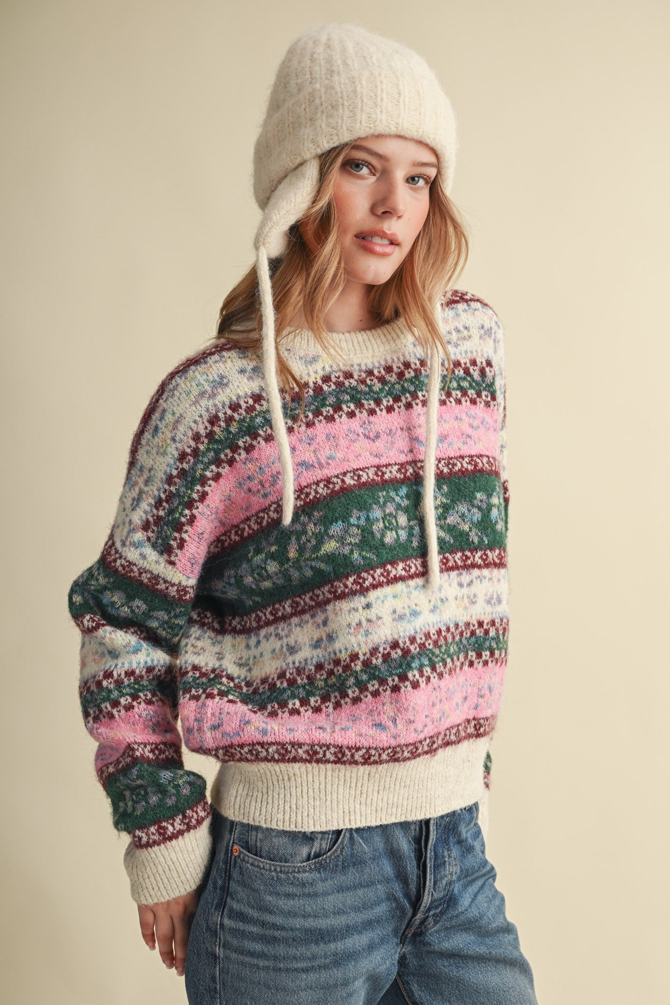 Floral Latitude Fair Isle Sweater in Ivory Pink Multi - product photo 3