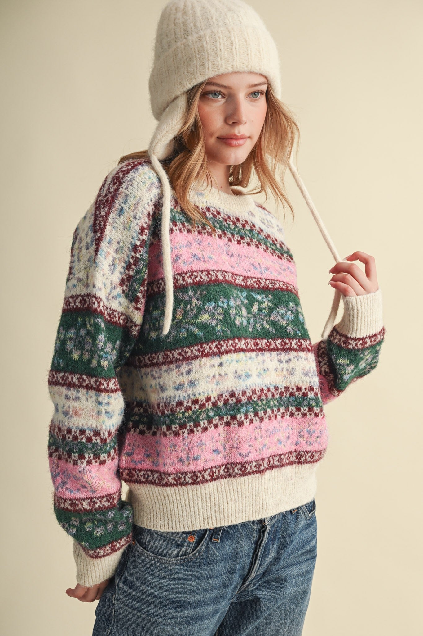Floral Latitude Fair Isle Sweater in Ivory Pink Multi - product photo 5