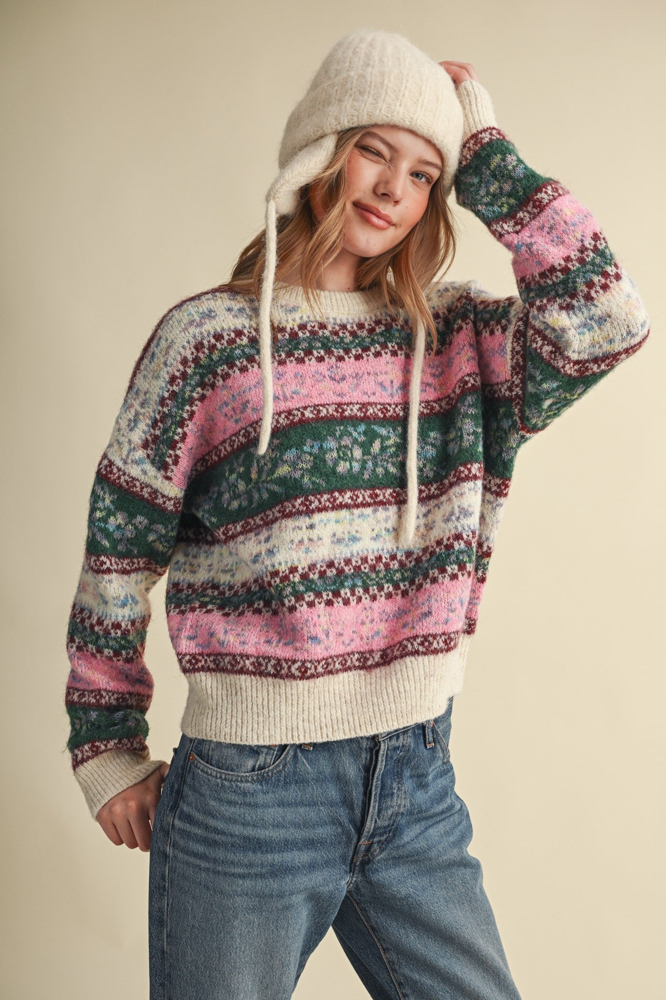 Floral Latitude Fair Isle Sweater in Ivory Pink Multi - product photo 6