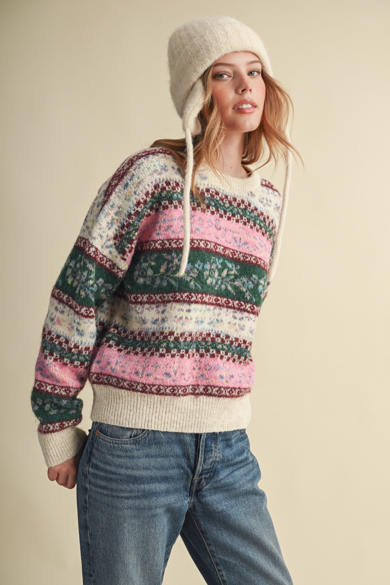 Floral Latitude Fair Isle Sweater in Ivory Pink Multi - product photo 7