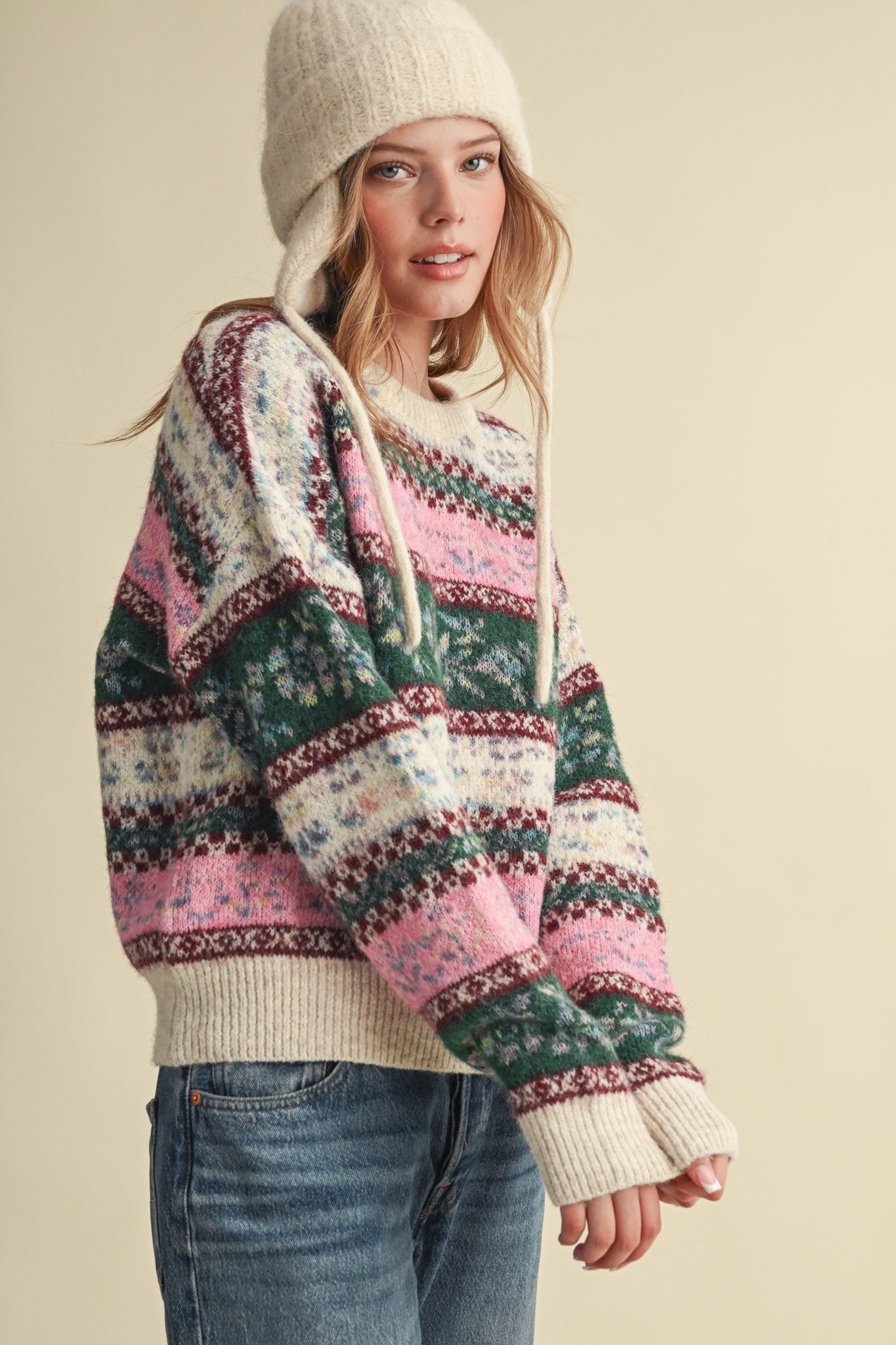 Floral Latitude Fair Isle Sweater in Ivory Pink Multi - product photo 8